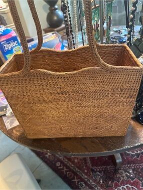 Woven Rattan Tote Bag in Natural Brown